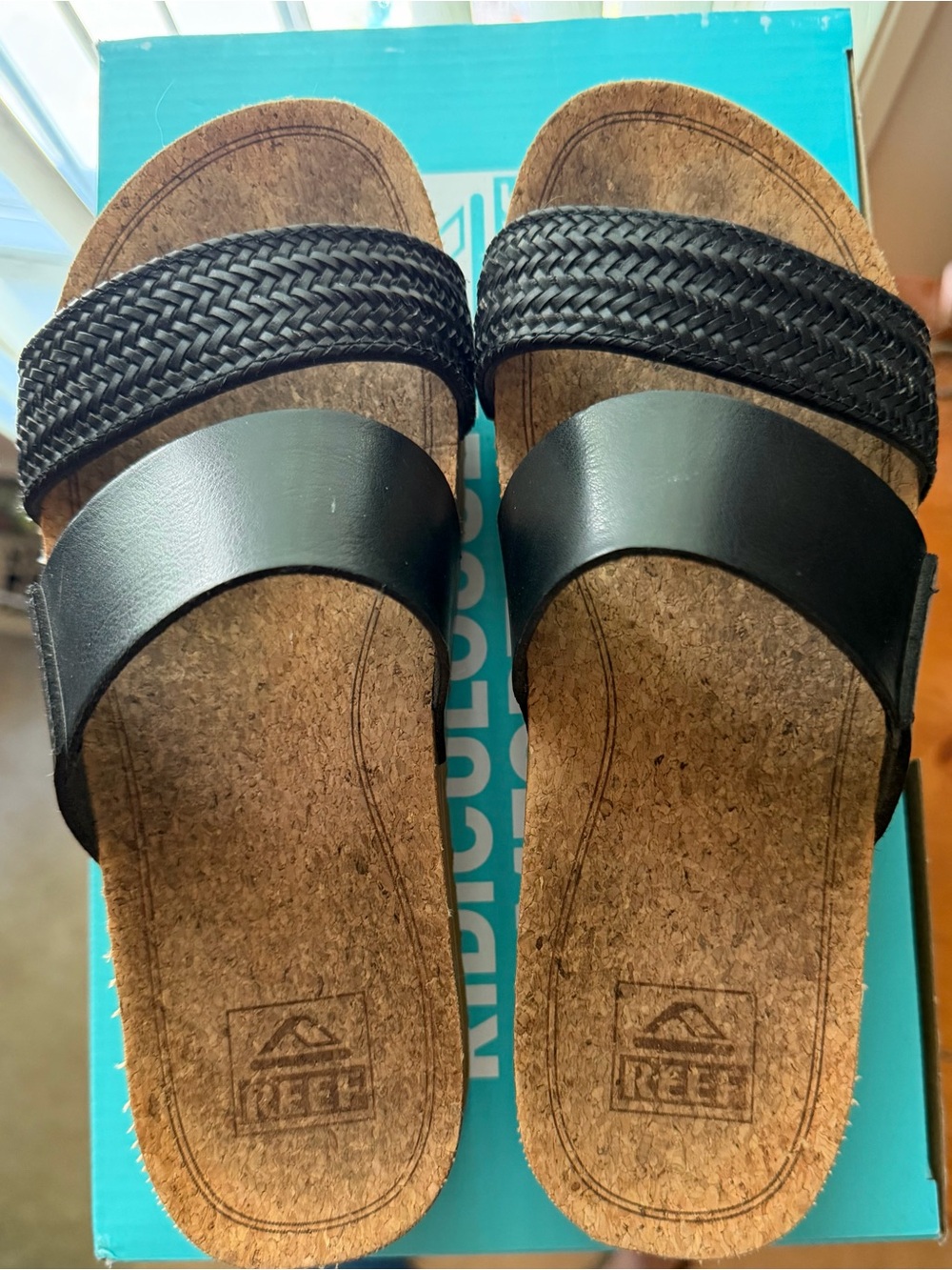 Reef Women’s Cushion Vista Hi Black Braided & Smooth Two-Strap Cork Slides